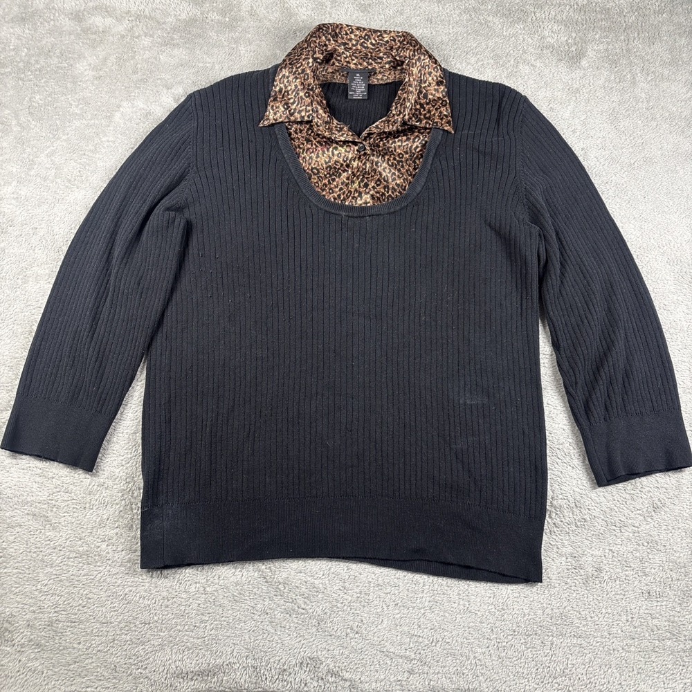 Rafaella Women's Silk Blend Sweater Black‎ Long Sleeve Leopard Collar Size XL